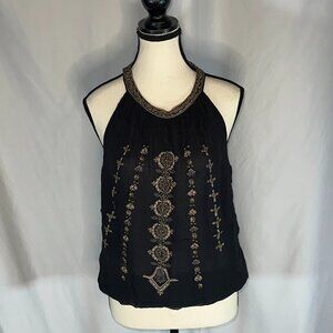 Joie - Black Gold Beaded Halter Top Blouse S Blouson Geometric Boho Festival